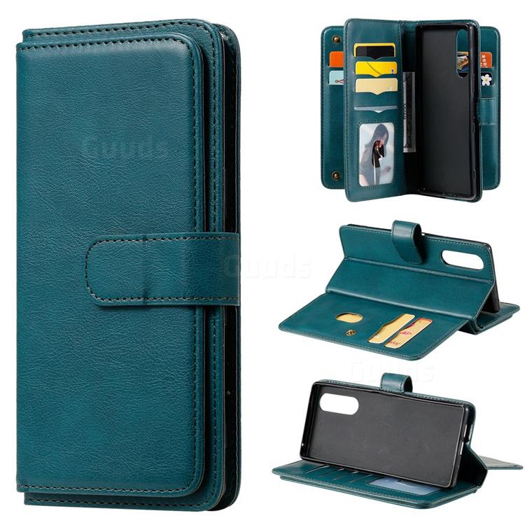 Multi-function Ten Card Slots and Photo Frame PU Leather Wallet Phone Case Cover for Sony Xperia 5 - Dark Green