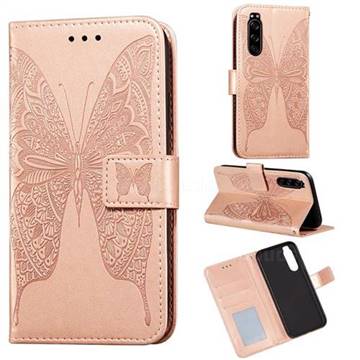 Intricate Embossing Vivid Butterfly Leather Wallet Case for Sony Xperia 5 - Rose Gold