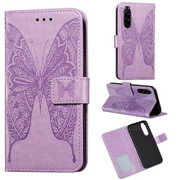 Intricate Embossing Vivid Butterfly Leather Wallet Case for Sony Xperia 5 - Purple