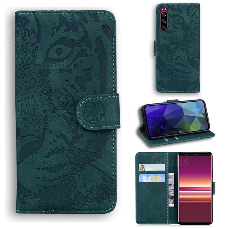 Intricate Embossing Tiger Face Leather Wallet Case for Sony Xperia 5 - Green