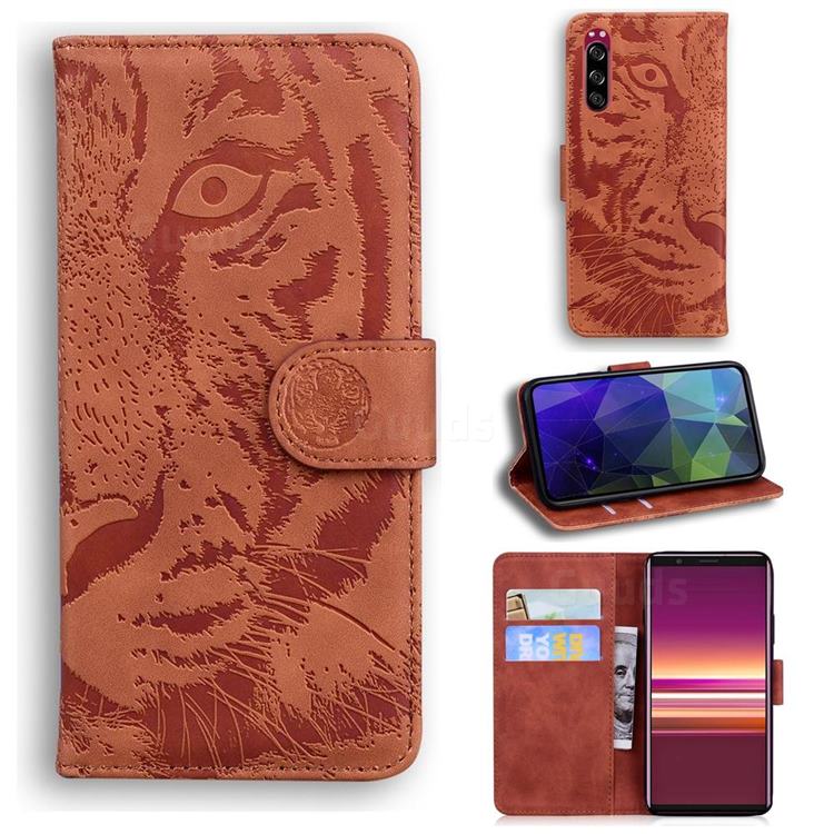 Intricate Embossing Tiger Face Leather Wallet Case for Sony Xperia 5 - Brown