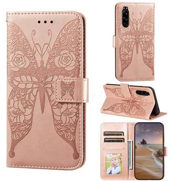 Intricate Embossing Rose Flower Butterfly Leather Wallet Case for Sony Xperia 5 - Rose Gold