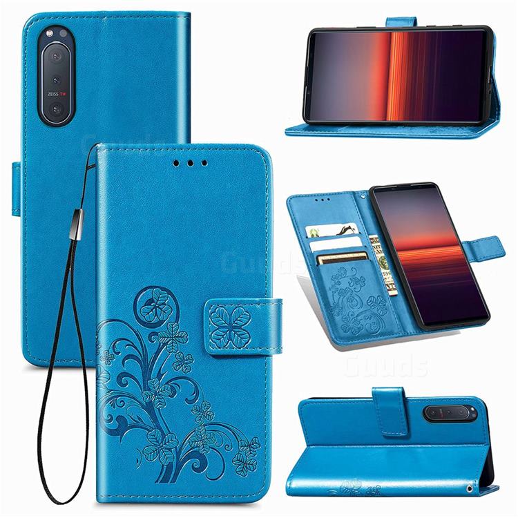 Embossing Imprint Four-Leaf Clover Leather Wallet Case for Sony Xperia 5 II - Blue