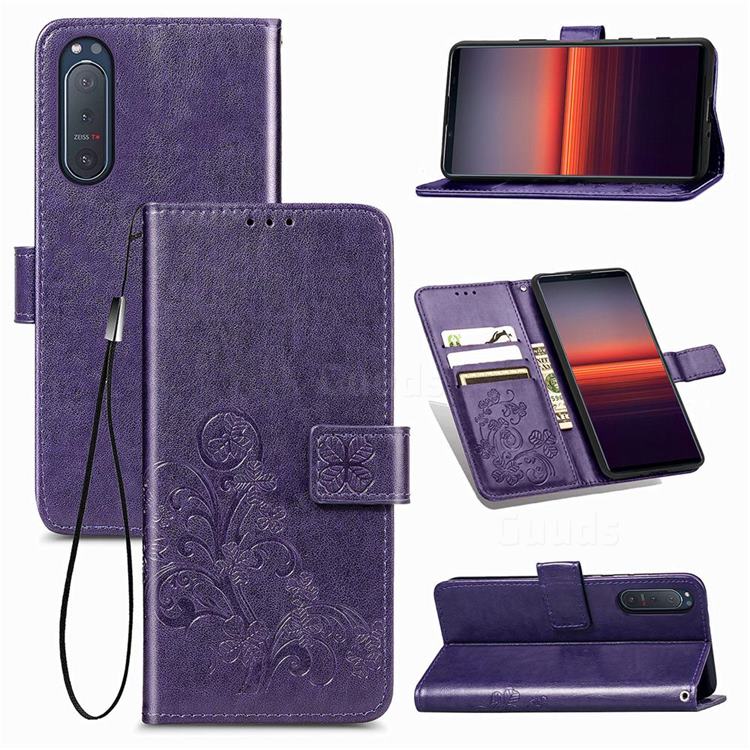Embossing Imprint Four-Leaf Clover Leather Wallet Case for Sony Xperia 5 II - Purple