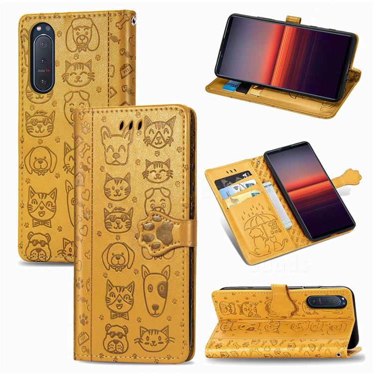 Embossing Dog Paw Kitten and Puppy Leather Wallet Case for Sony Xperia 5 II - Yellow