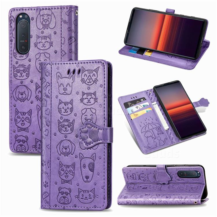 Embossing Dog Paw Kitten and Puppy Leather Wallet Case for Sony Xperia 5 II - Purple