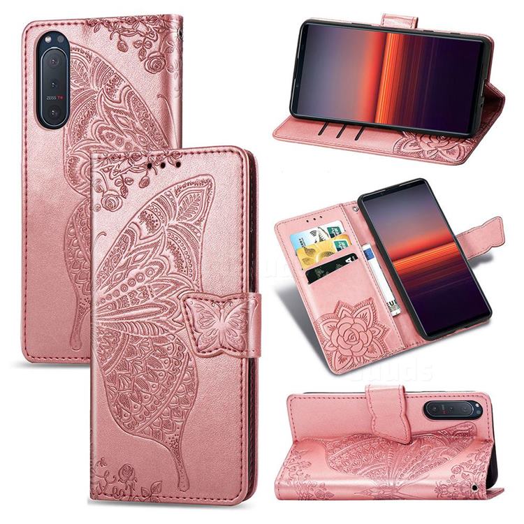 Embossing Mandala Flower Butterfly Leather Wallet Case for Sony Xperia 5 II - Rose Gold