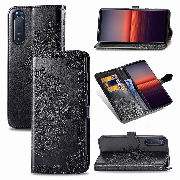 Embossing Imprint Mandala Flower Leather Wallet Case for Sony Xperia 5 II - Black