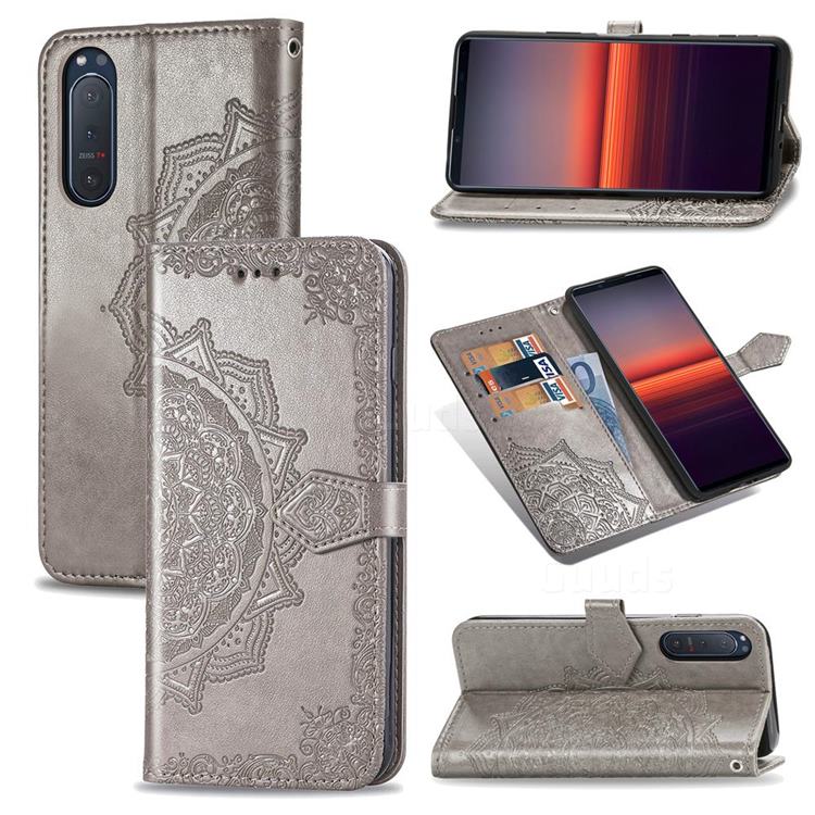 Embossing Imprint Mandala Flower Leather Wallet Case for Sony Xperia 5 II - Gray