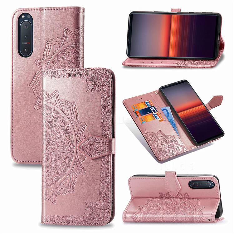 Embossing Imprint Mandala Flower Leather Wallet Case for Sony Xperia 5 II - Rose Gold