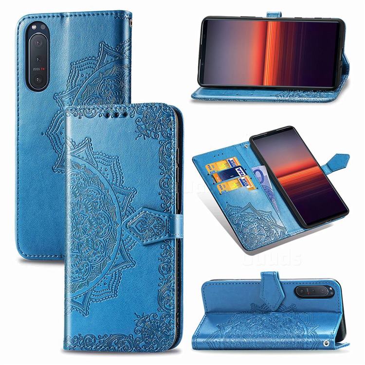 Embossing Imprint Mandala Flower Leather Wallet Case for Sony Xperia 5 II - Blue