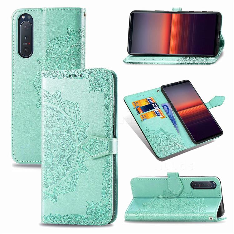 Embossing Imprint Mandala Flower Leather Wallet Case for Sony Xperia 5 II - Green