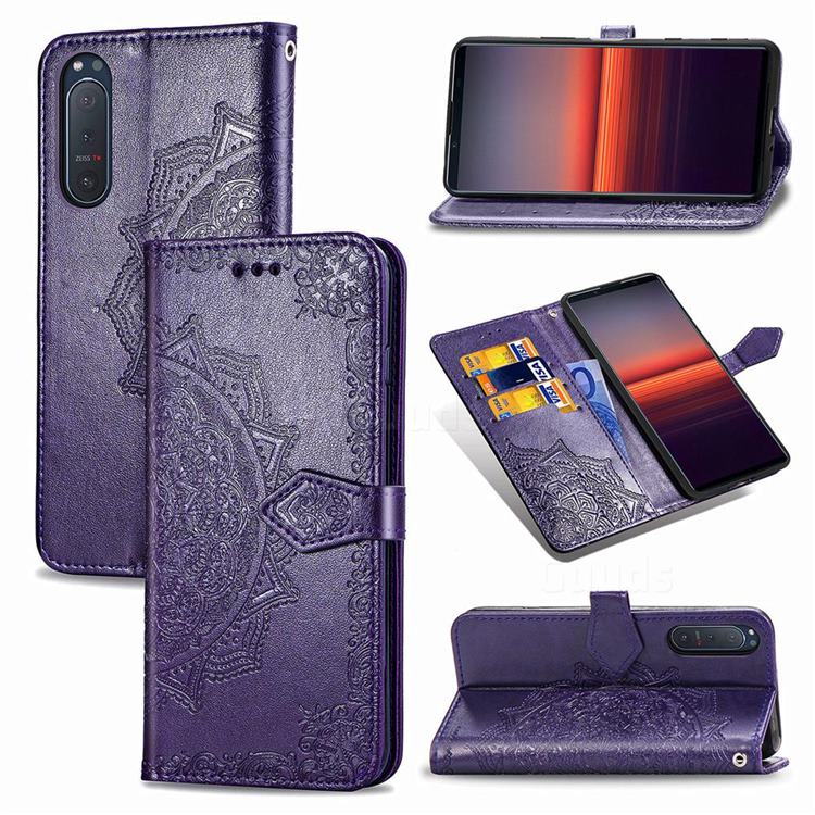 Embossing Imprint Mandala Flower Leather Wallet Case for Sony Xperia 5 II - Purple