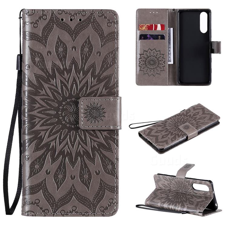 Embossing Sunflower Leather Wallet Case for Sony Xperia 5 II - Gray