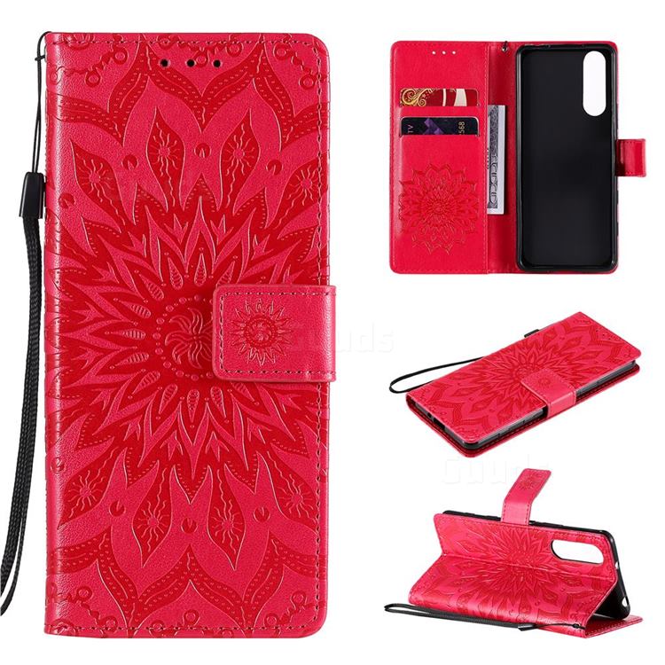 Embossing Sunflower Leather Wallet Case for Sony Xperia 5 II - Red