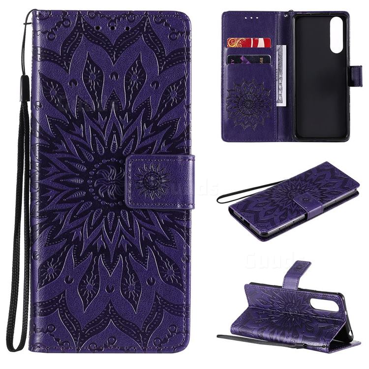 Embossing Sunflower Leather Wallet Case for Sony Xperia 5 II - Purple