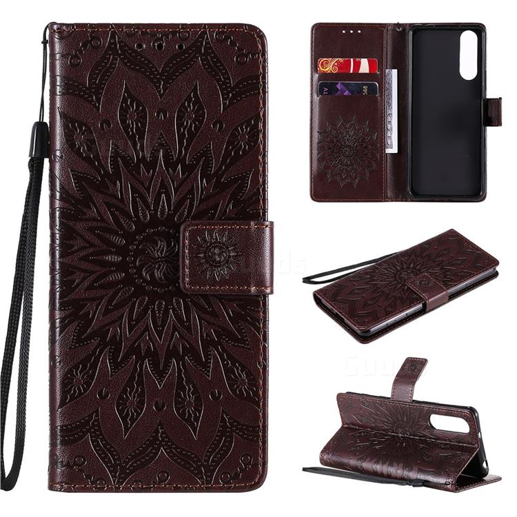 Embossing Sunflower Leather Wallet Case for Sony Xperia 5 II - Brown