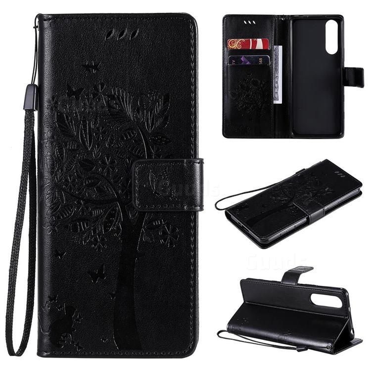 Embossing Butterfly Tree Leather Wallet Case for Sony Xperia 5 II - Black