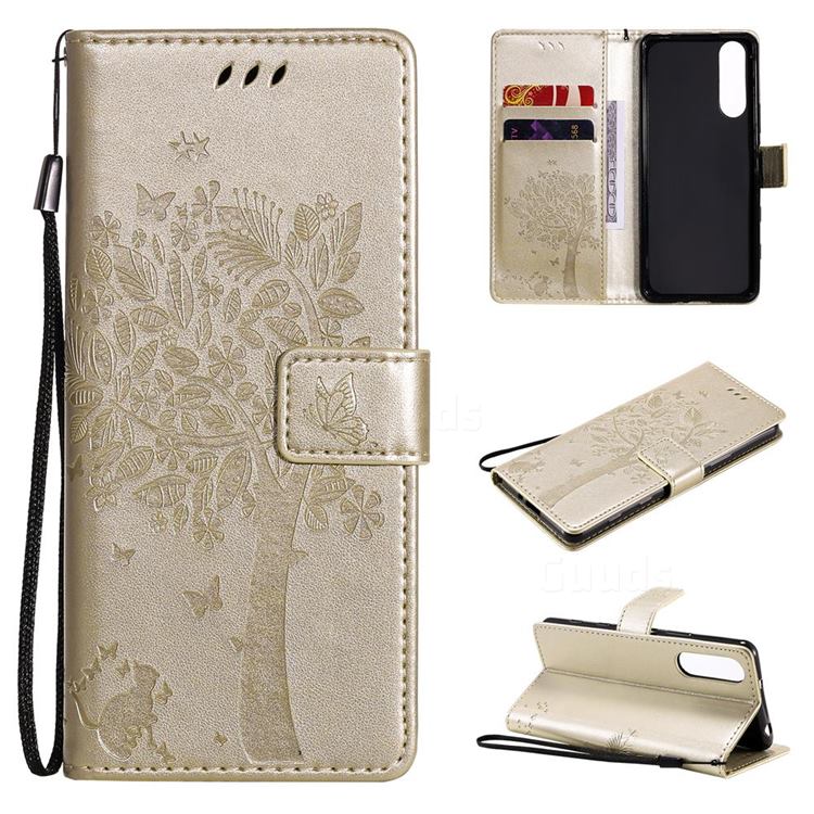 Embossing Butterfly Tree Leather Wallet Case for Sony Xperia 5 II - Champagne