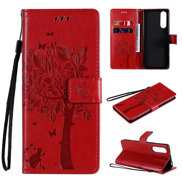 Embossing Butterfly Tree Leather Wallet Case for Sony Xperia 5 II - Red