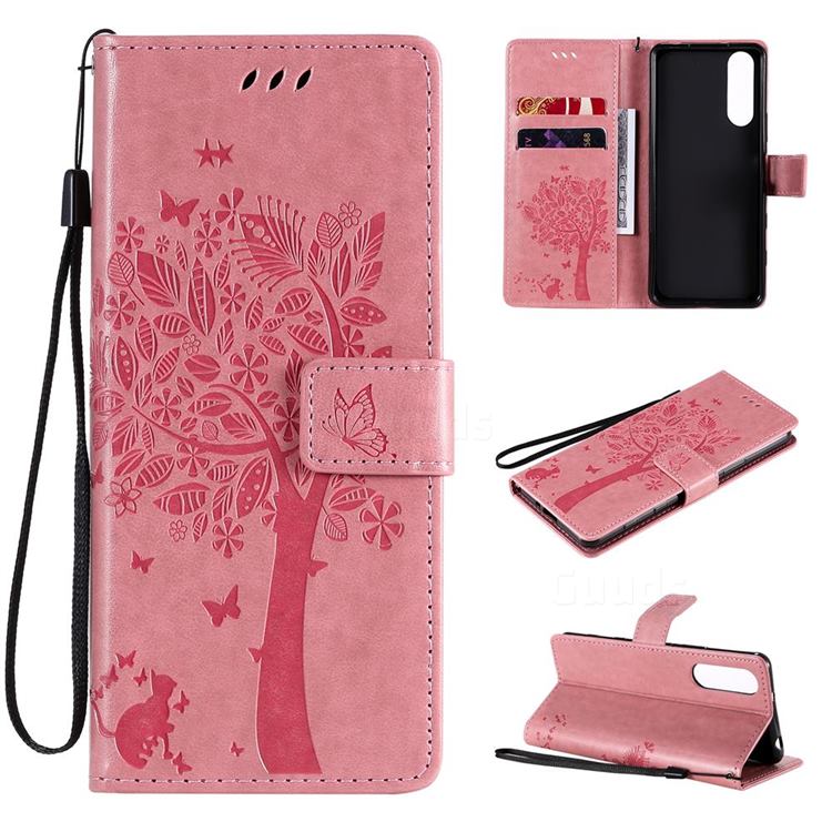 Embossing Butterfly Tree Leather Wallet Case for Sony Xperia 5 II - Pink