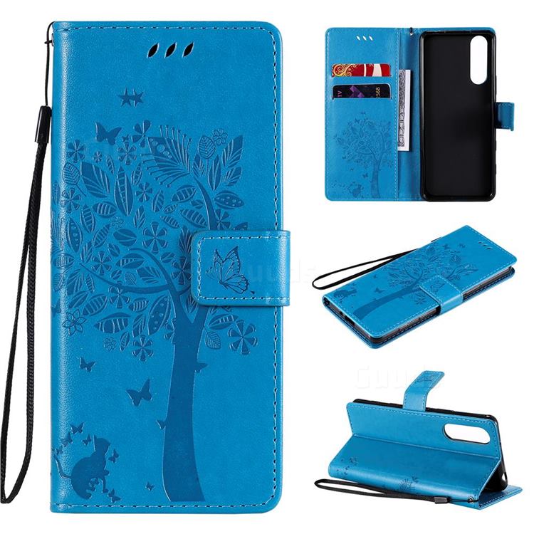 Embossing Butterfly Tree Leather Wallet Case for Sony Xperia 5 II - Blue