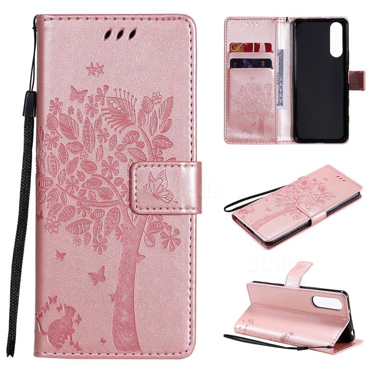 Embossing Butterfly Tree Leather Wallet Case for Sony Xperia 5 II - Rose Pink
