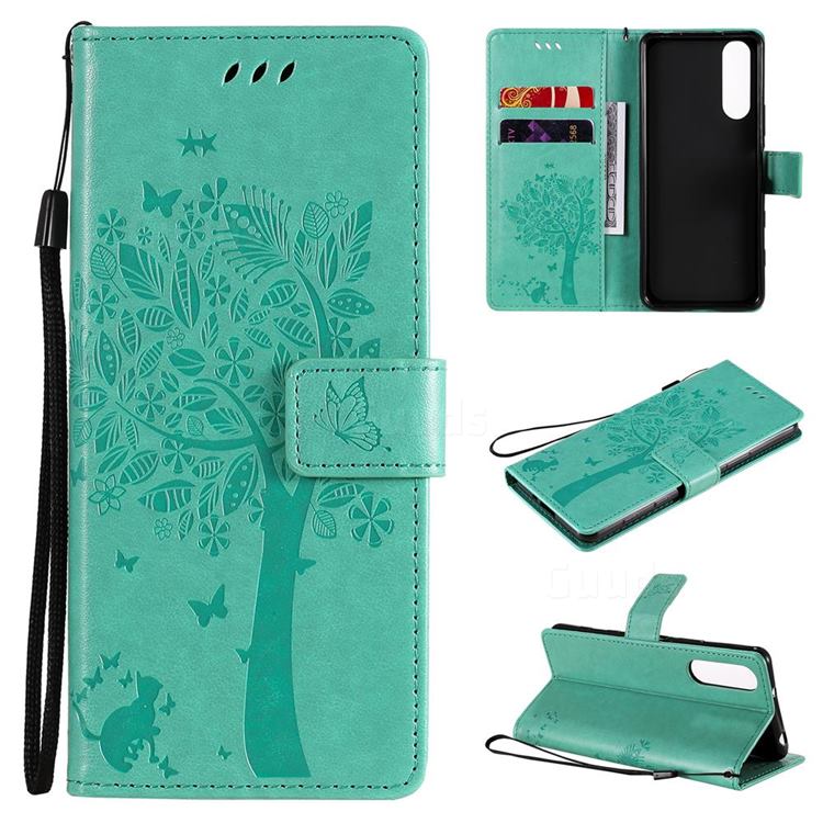 Embossing Butterfly Tree Leather Wallet Case for Sony Xperia 5 II - Cyan