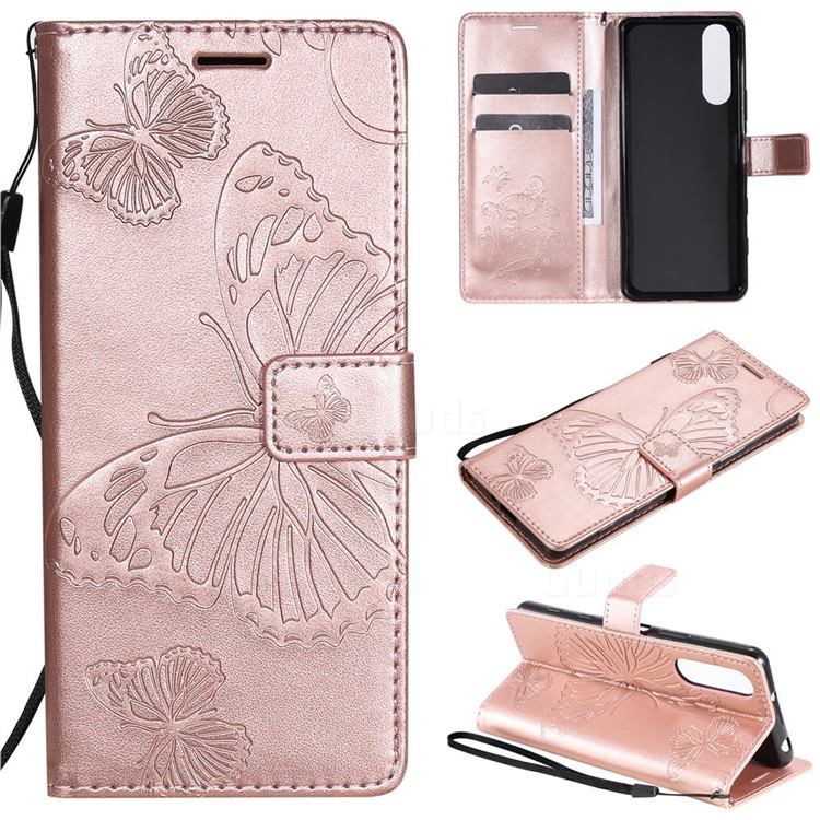 Embossing 3D Butterfly Leather Wallet Case for Sony Xperia 5 II - Rose Gold
