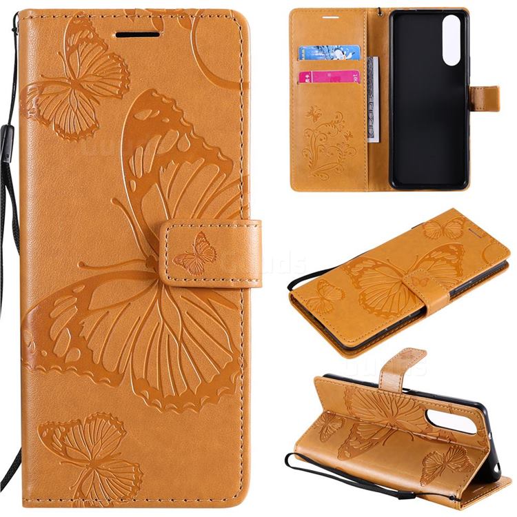Embossing 3D Butterfly Leather Wallet Case for Sony Xperia 5 II - Yellow