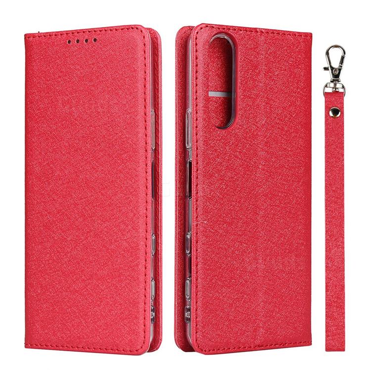 Ultra Slim Magnetic Automatic Suction Silk Lanyard Leather Flip Cover for Sony Xperia 5 II - Red