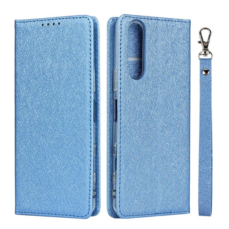 Ultra Slim Magnetic Automatic Suction Silk Lanyard Leather Flip Cover for Sony Xperia 5 II - Sky Blue
