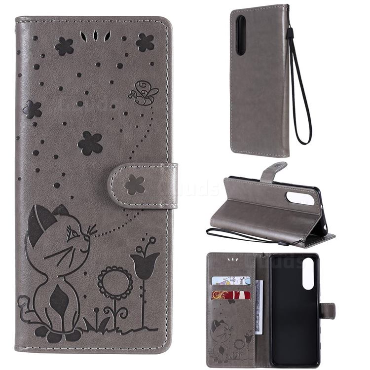 Embossing Bee and Cat Leather Wallet Case for Sony Xperia 5 II - Gray