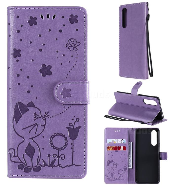 Embossing Bee and Cat Leather Wallet Case for Sony Xperia 5 II - Purple