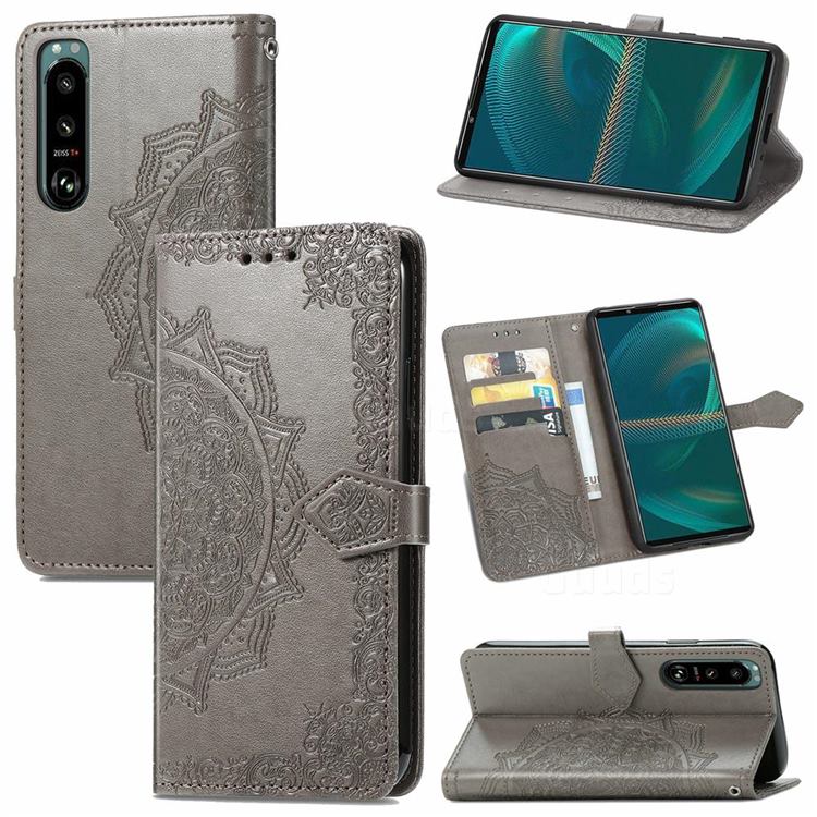 Embossing Imprint Mandala Flower Leather Wallet Case for Sony Xperia 5 III - Gray