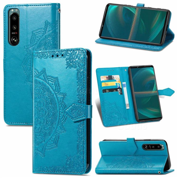 Embossing Imprint Mandala Flower Leather Wallet Case for Sony Xperia 5 III - Blue