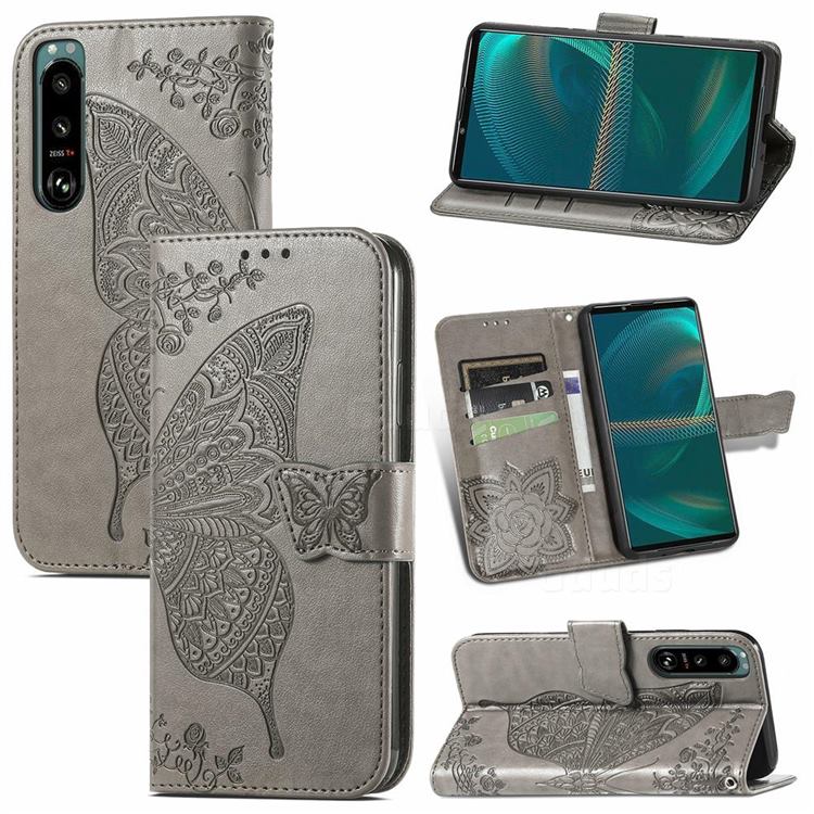 Embossing Mandala Flower Butterfly Leather Wallet Case for Sony Xperia 5 III - Gray