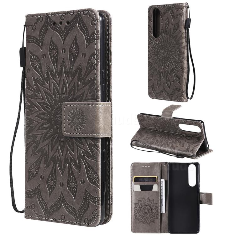 Embossing Sunflower Leather Wallet Case for Sony Xperia 5 III - Gray