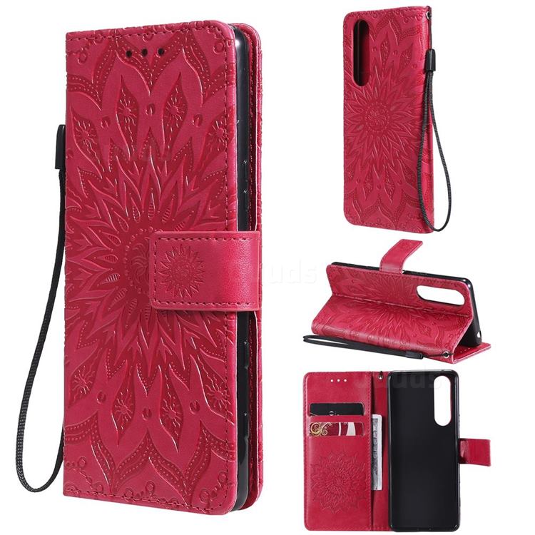 Embossing Sunflower Leather Wallet Case for Sony Xperia 5 III - Red