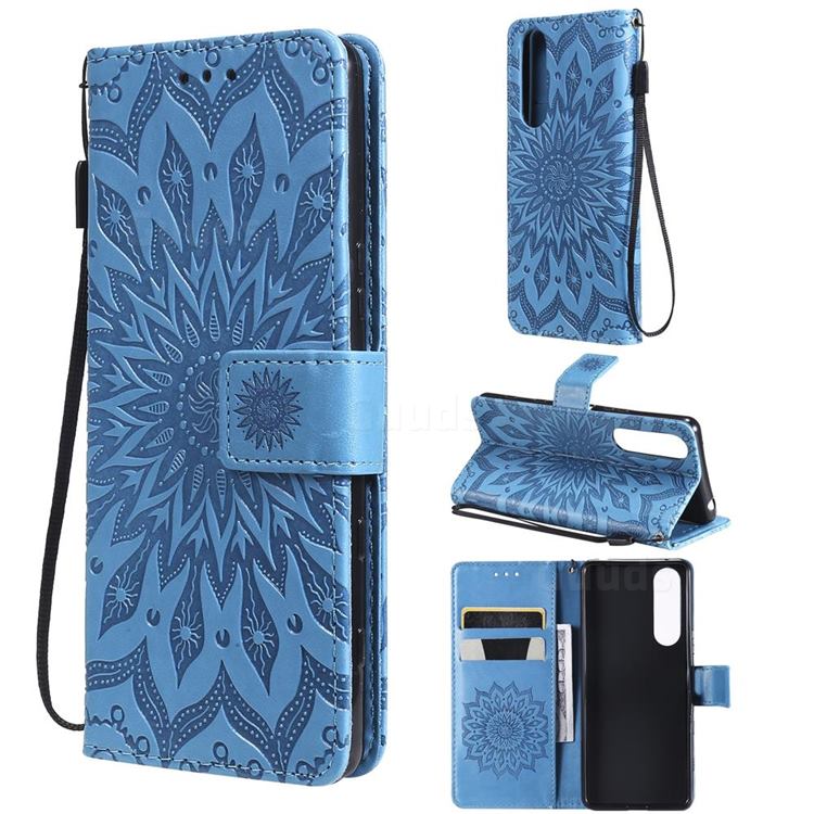 Embossing Sunflower Leather Wallet Case for Sony Xperia 5 III - Blue