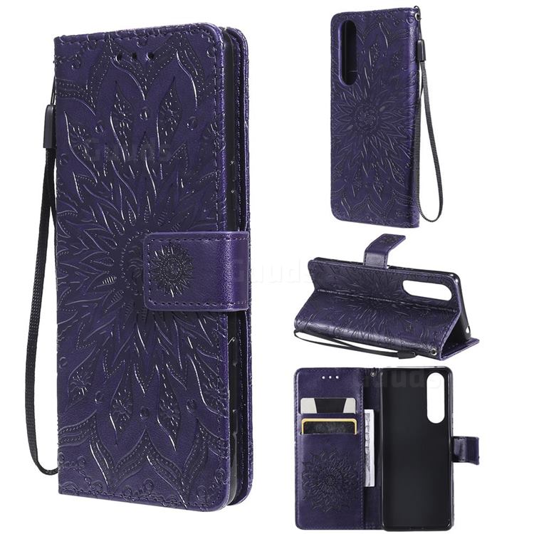 Embossing Sunflower Leather Wallet Case for Sony Xperia 5 III - Purple