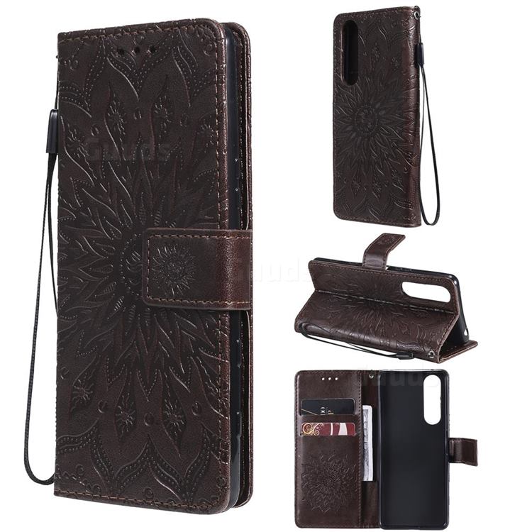 Embossing Sunflower Leather Wallet Case for Sony Xperia 5 III - Brown