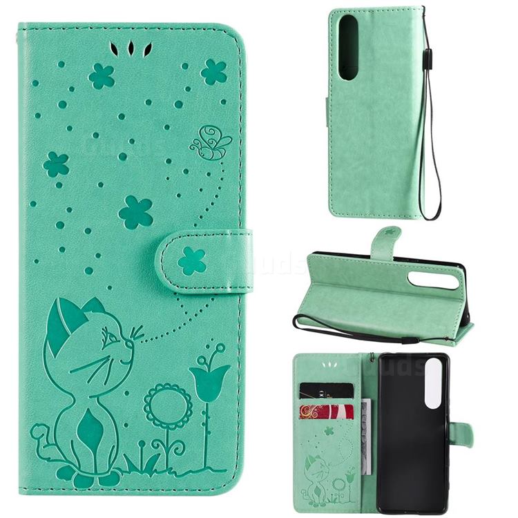 Embossing Bee and Cat Leather Wallet Case for Sony Xperia 5 III - Green