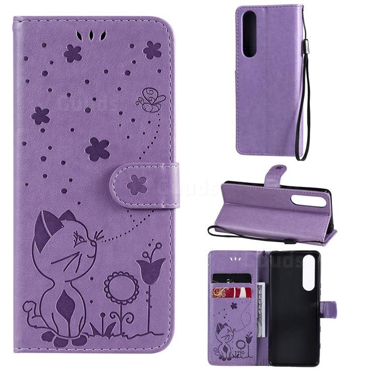 Embossing Bee and Cat Leather Wallet Case for Sony Xperia 5 III - Purple
