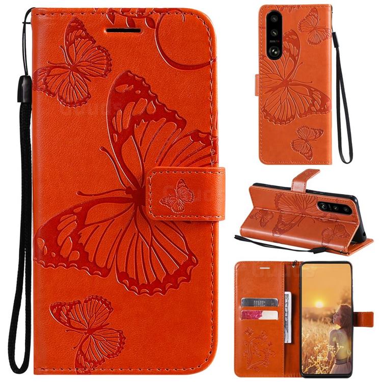 Embossing 3D Butterfly Leather Wallet Case for Sony Xperia 5 III - Orange