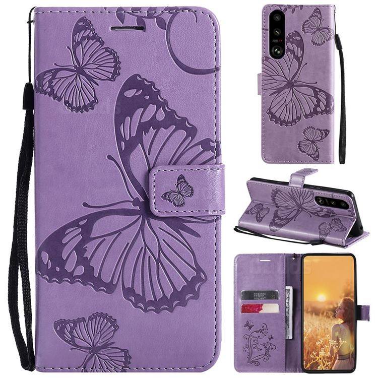 Embossing 3D Butterfly Leather Wallet Case for Sony Xperia 5 III - Purple