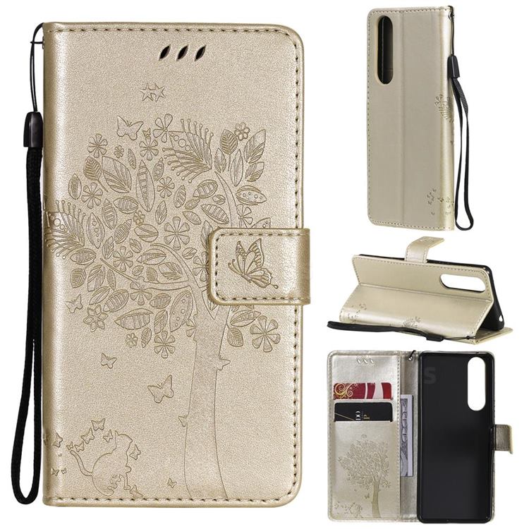 Embossing Butterfly Tree Leather Wallet Case for Sony Xperia 5 III - Champagne