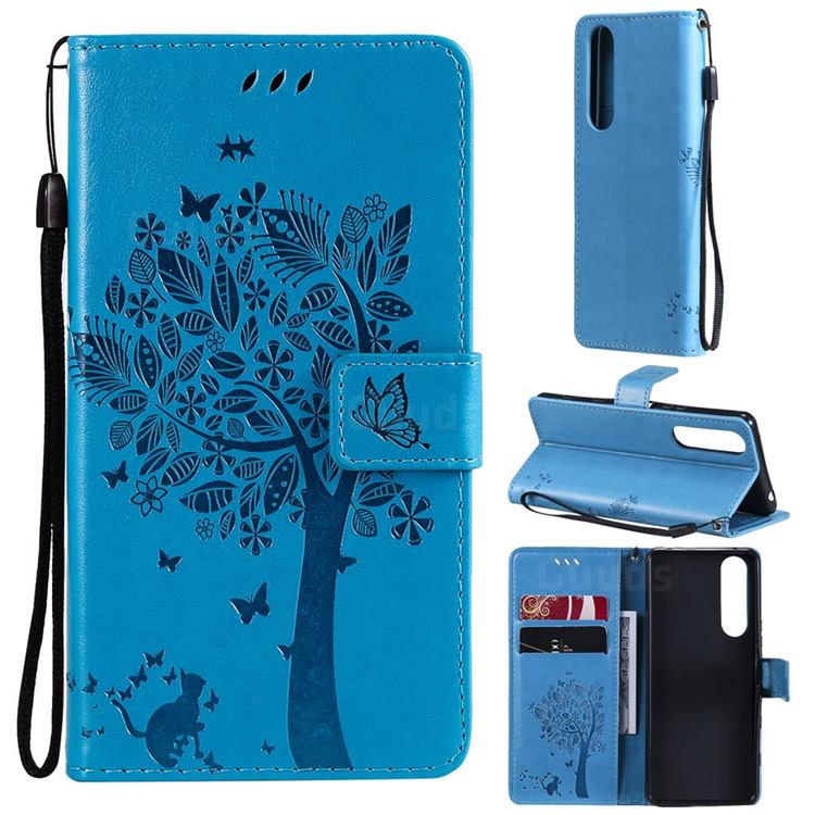 Embossing Butterfly Tree Leather Wallet Case for Sony Xperia 5 III - Blue