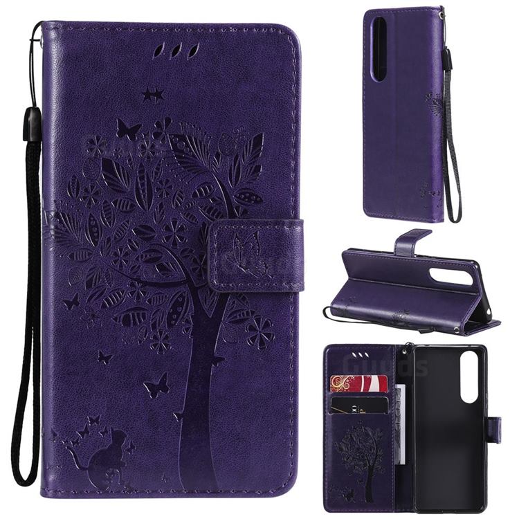 Embossing Butterfly Tree Leather Wallet Case for Sony Xperia 5 III - Purple
