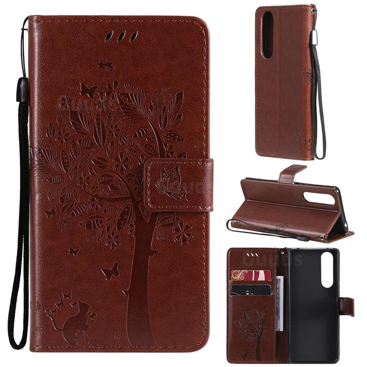 Embossing Butterfly Tree Leather Wallet Case for Sony Xperia 5 III - Coffee